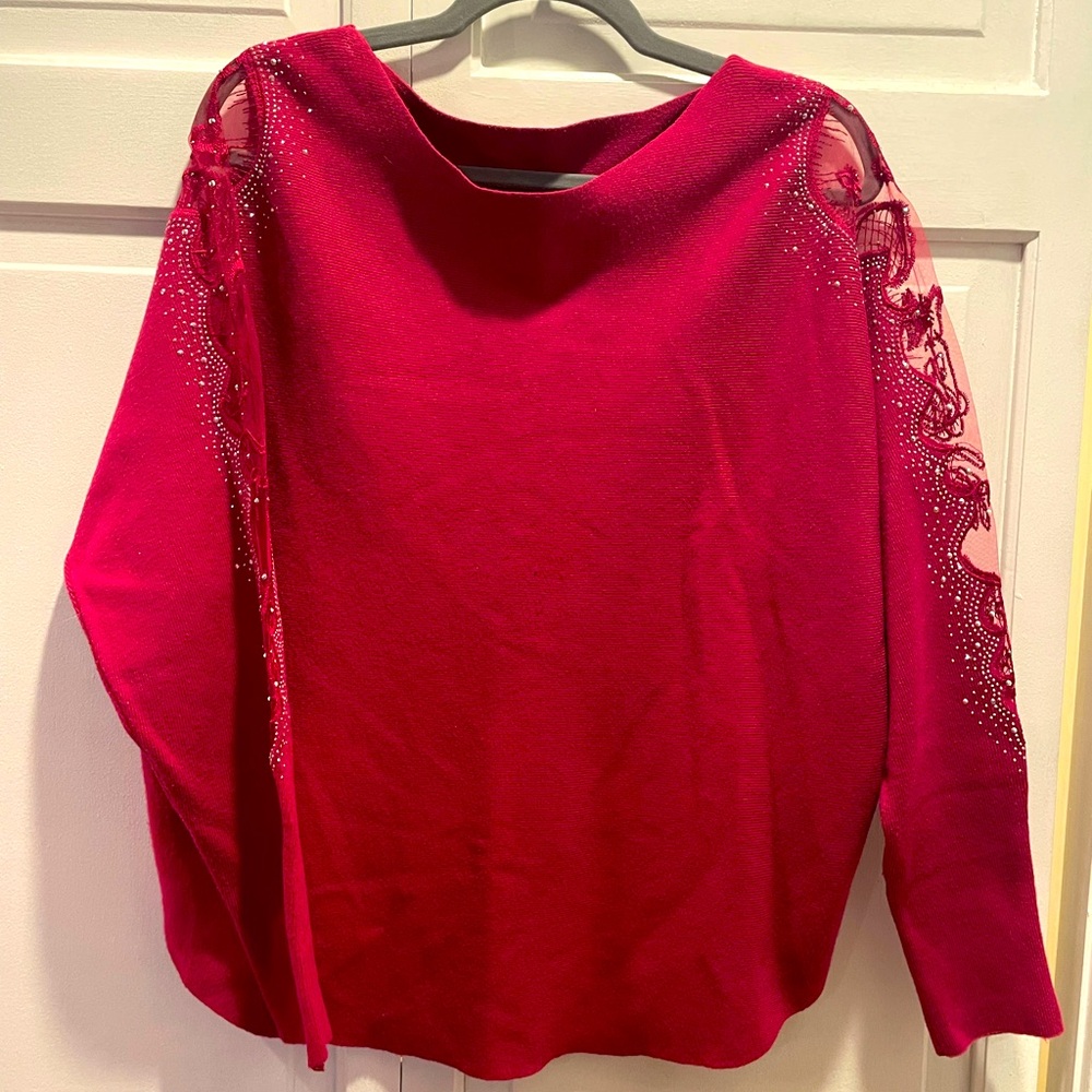 Fuchsia, pink, long sleeve shoulder lace sweater